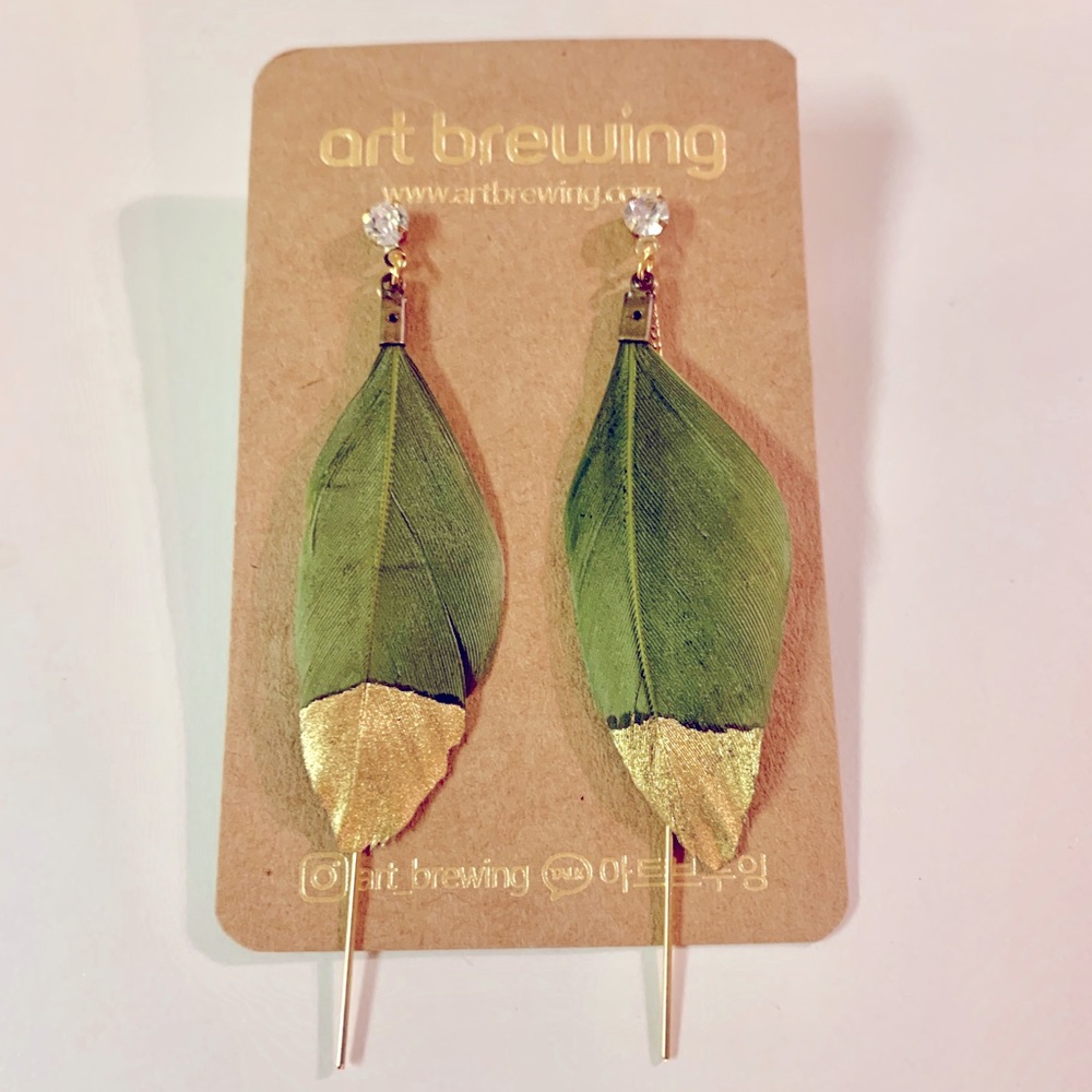 Gold Dipped Natural Green Leaf Earrings